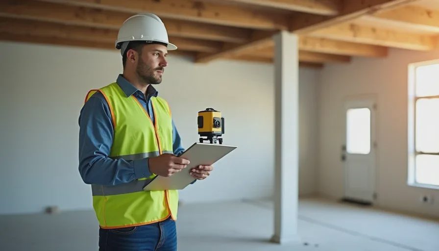 Engineer measuring floor elevation for foundation.