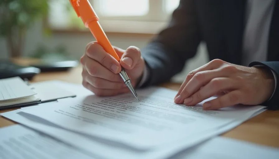 Homeowner reviewing contract with highlighter and notes.